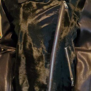 black leather and fur skin waist jacket